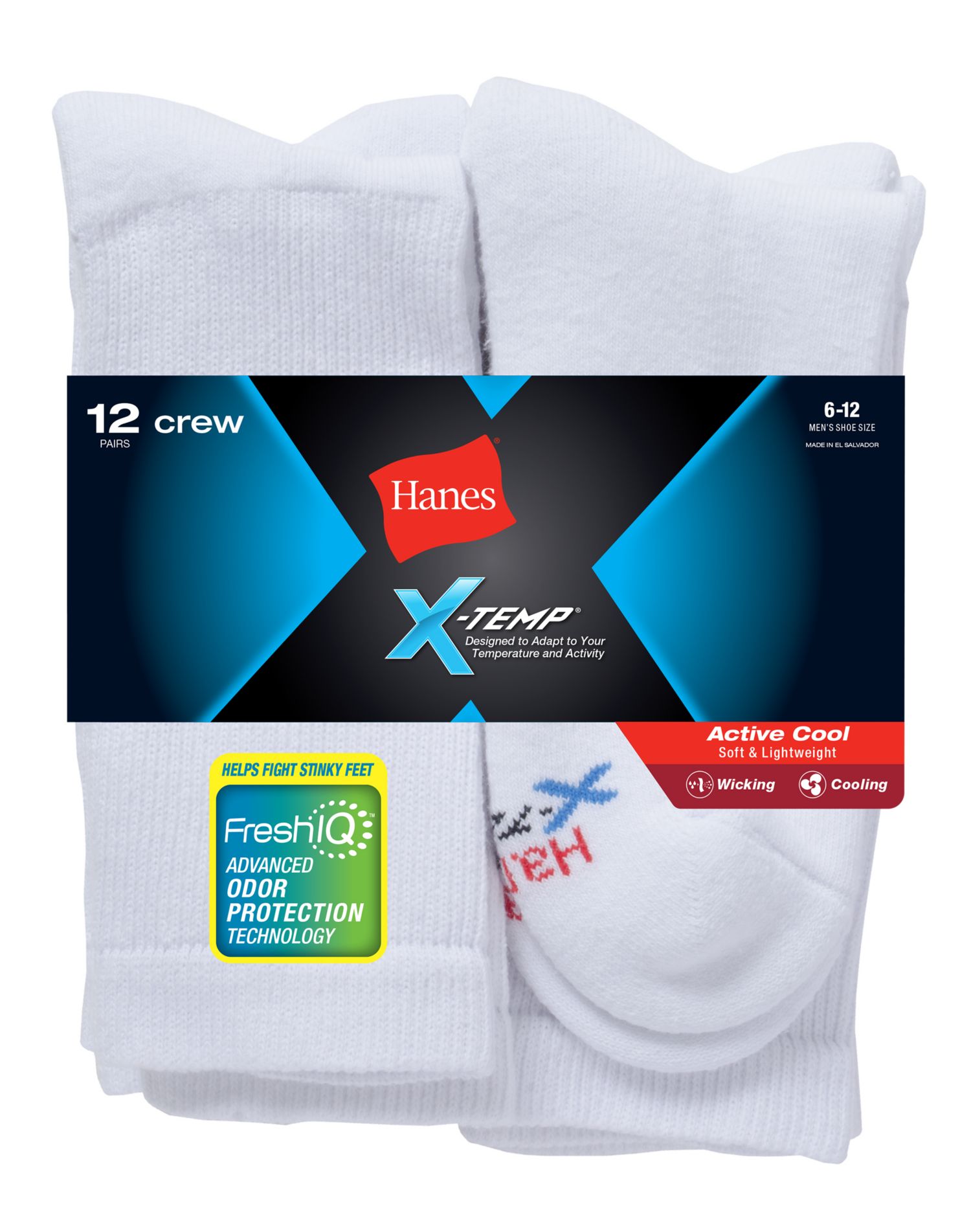 Hanes Mens FreshIQ X-Temp Active Cool Crew Socks 12-Pack - Apparel