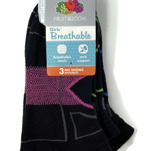 Fruit of the Loom Girls 3 Pair Breathable Nylon No Show Socks with Arch Support