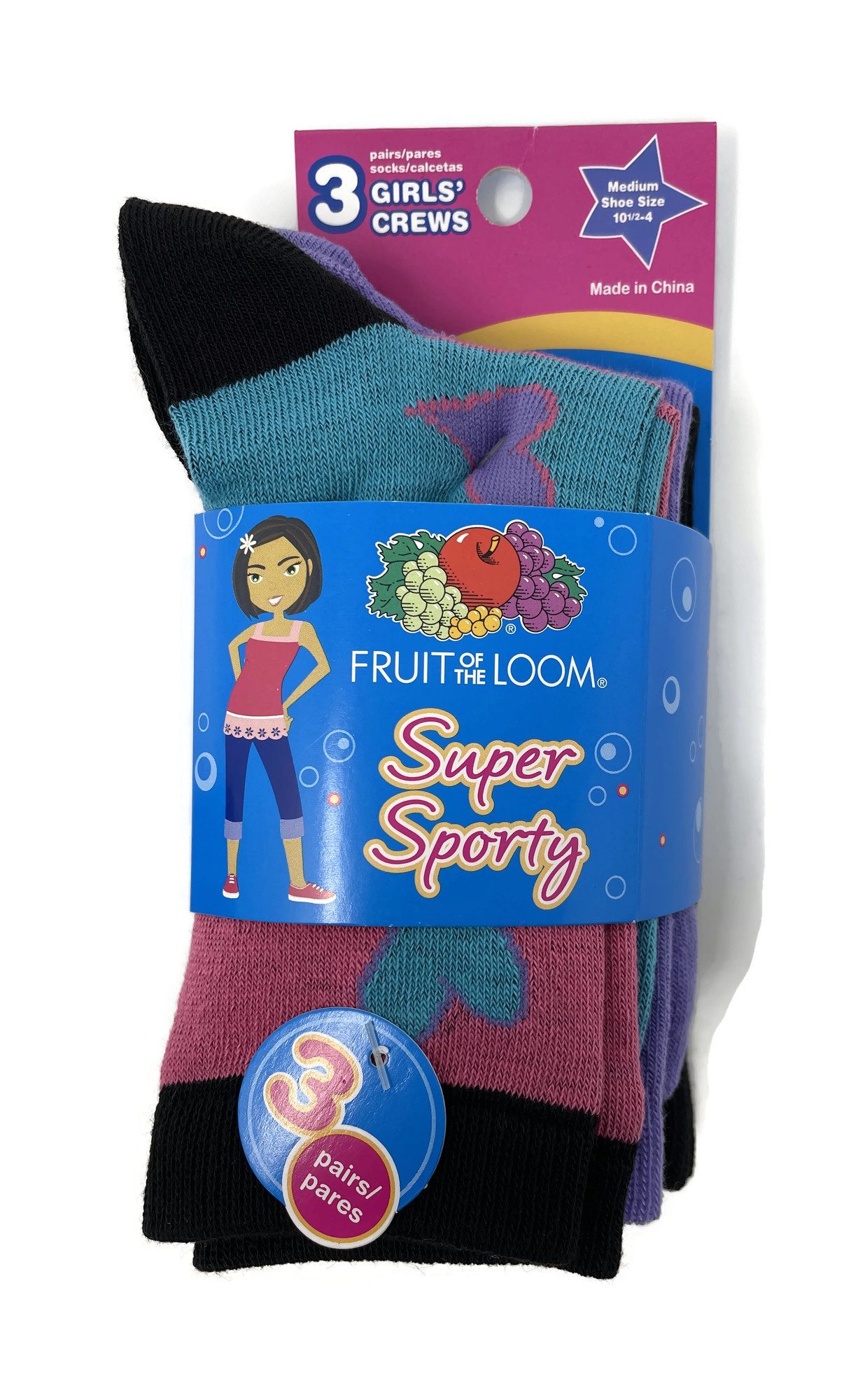 Fruit Of The Loom Girls Super Sporty Crew Socks 3-Pack