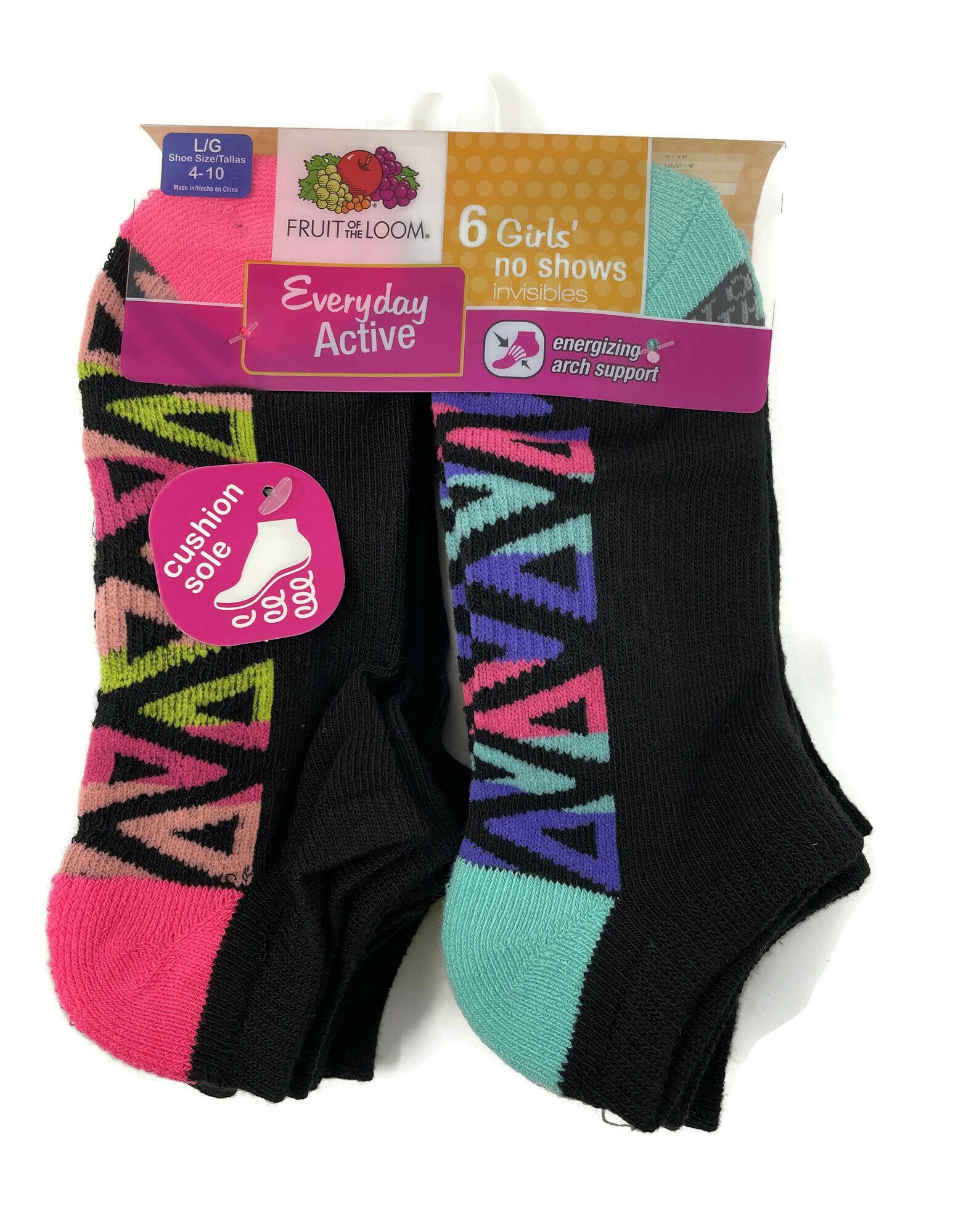 Fruit Of The Loom Girls 6 Pack Everyday Active No Show Socks