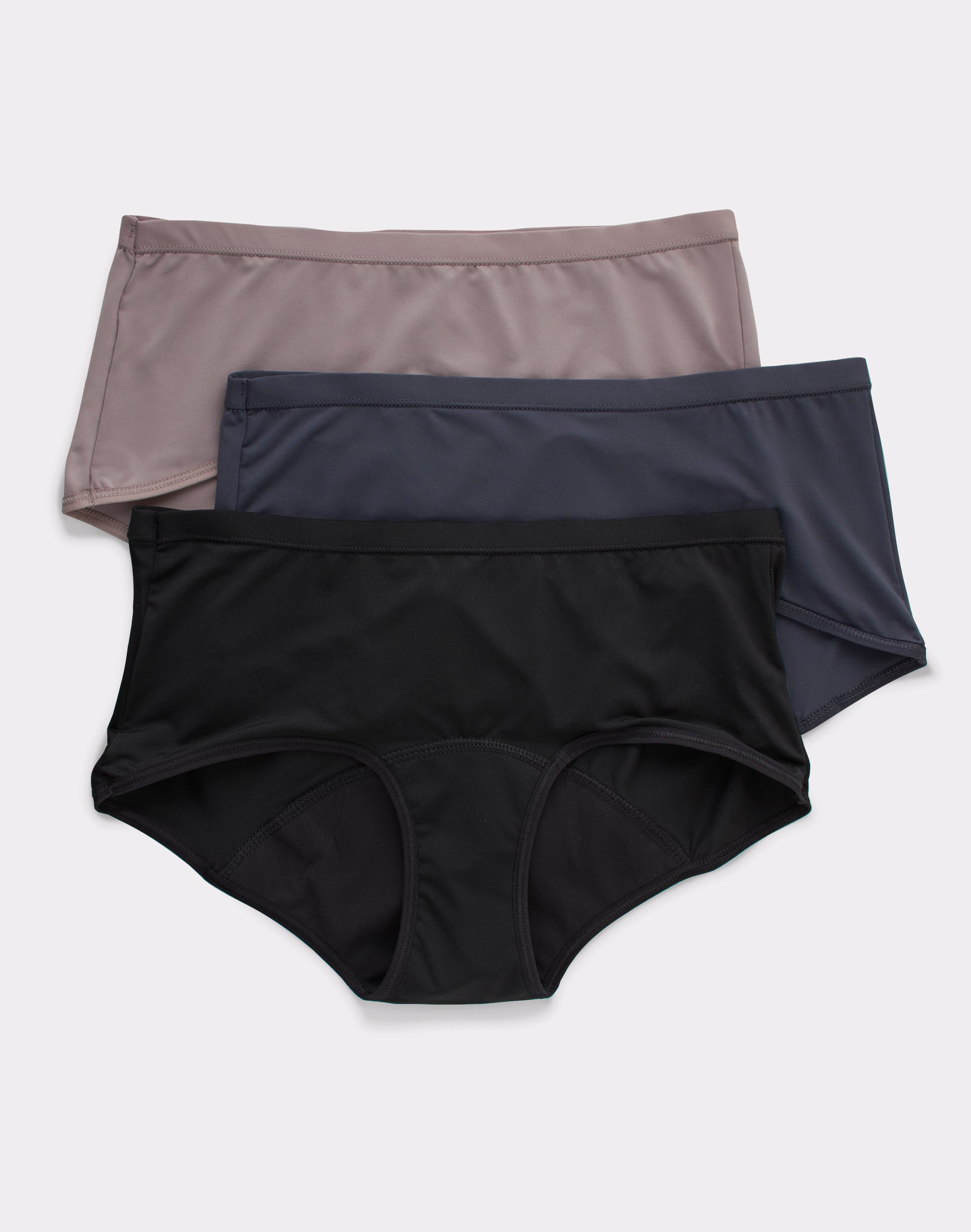 Hanes Comfort, Period.™ Boy Shorts Period Underwear, Light Leaks, Black/Assorted Grays, 3-Pack